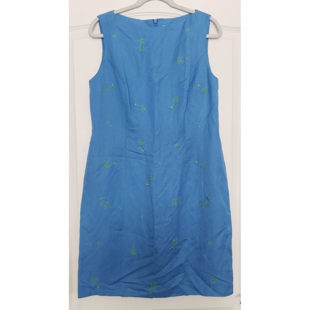 Annie Alexander Linen Palm Tree Embroidery Sheath Dress Size‎ 12 Beachy Resort